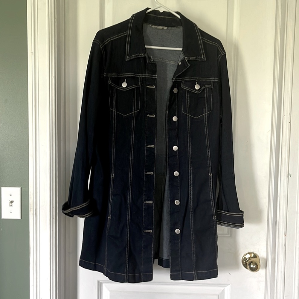 Westport size L long denim jacket.